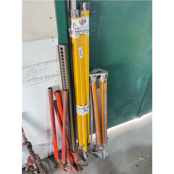 Assorted Lot of Pipe Bender, Jacks, Levels, Tripods