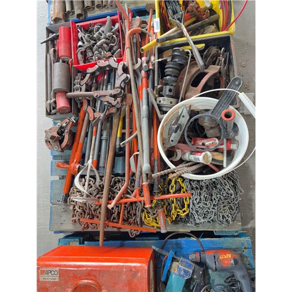Pallet Lot of Industrial Tools, Chains and Hardware