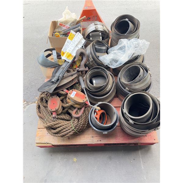Pallet Lot of Industrial Hose Clamps and Rigging Gear