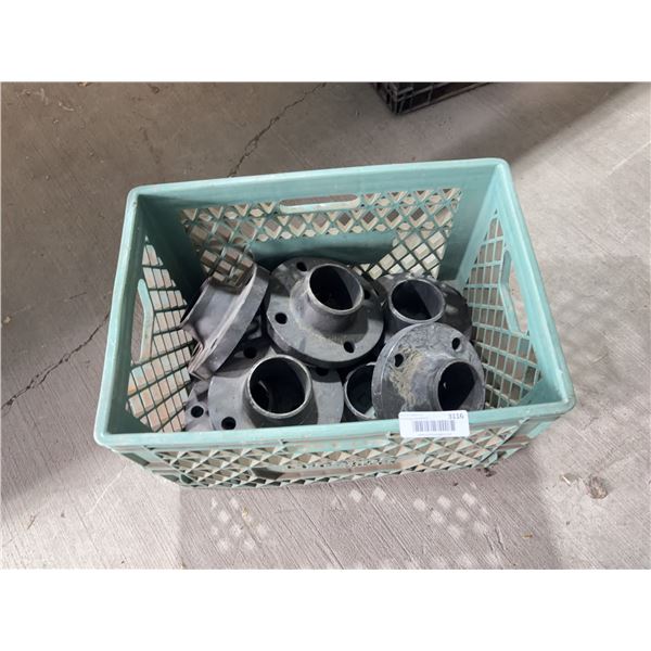 Lot of Metal Pipe Flanges In Plastic Crate