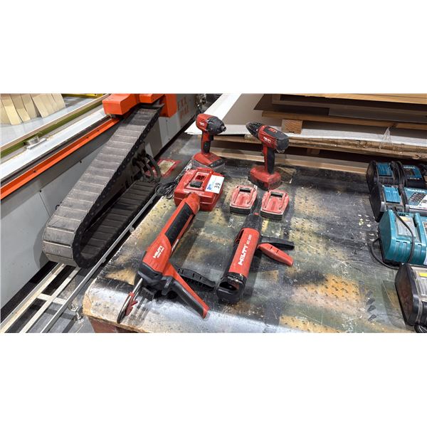 GROUP OF HILTI CORDLESS TOOLS-2 DRILLS, 4 BATTERIES, 1 CHARGER, HDM 500 & MD 200 ADHESIVE