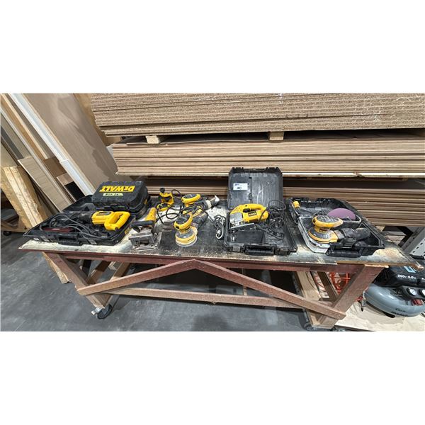 LARGE GROUP OF ASSORTED ELECTRIC DEWALT TOOLS- PALM SANDERS, JIG SAW, PLATE JOINER, RECIPROCATING