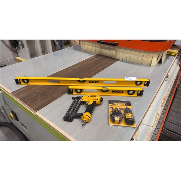 2 DEWALT LEVELS, 100' GEAR CHALK REEL KIT & BRAD NAILER
