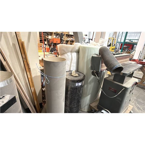 GROUP OF ASSORTED MATERIAL ROLLS, FOAM, LAMINATE, BLACK BACKING MATERIAL & MISC WOOD PIECES