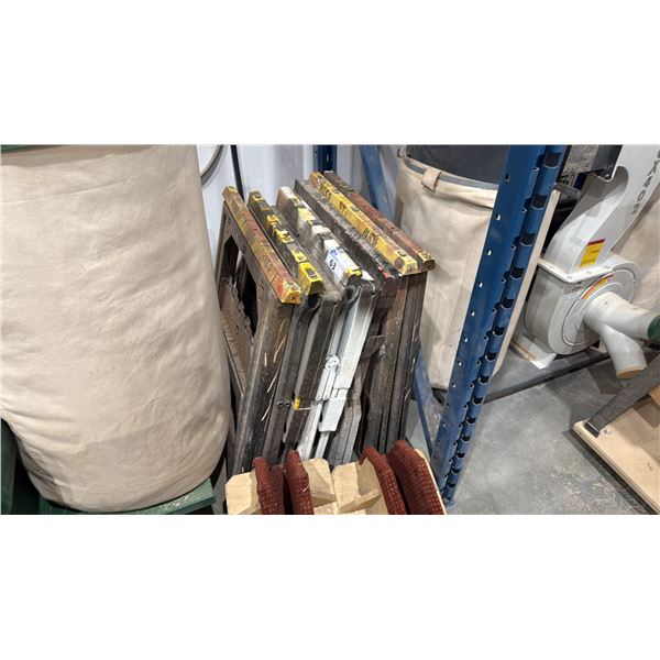 GROUP OF 6 FOLDING PLASTIC SAWHORSES & 2 BALANCING MATERIAL CARTS