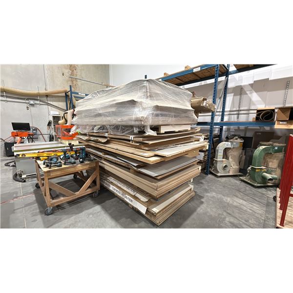 LARGE GROUP OF ASSORTED SIZED MDF PLYWOOD SHEETS, MOSTLY FINISHED, ASSORTED SIZES, ASSORTED FINISH,