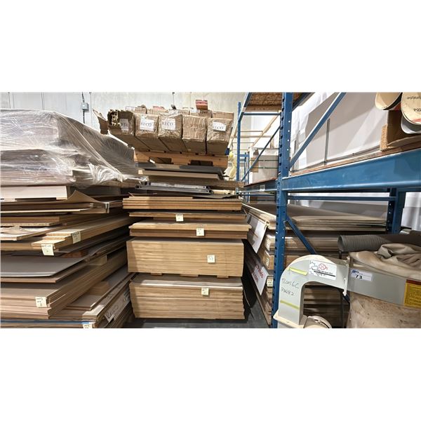 LARGE GROUP OF ASSORTED SIZED MDF PLYWOOD SHEETS, MOSTLY FINISHED, ASSORTED SIZES, ASSORTED FINISH,