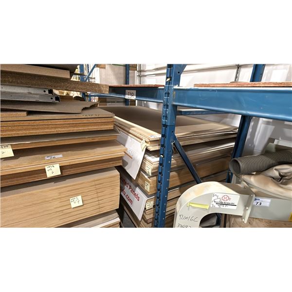 LARGE GROUP OF ASSORTED SIZED MDF PLYWOOD SHEETS, MOSTLY FINISHED, ASSORTED SIZES, ASSORTED FINISH,