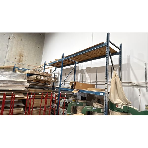 2 BAYS OF BLUE PALLET RACKING W/PLYWOOD DECK SHELVING -(3) 12' UPRIGHTS AND (8) 9' SIDE RAILS