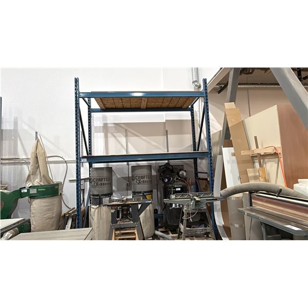 SINGLE BAY OF BLUE PALLET RACKING W/PLYWOOD DECK SHELVING -(2) 12' UPRIGHTS AND (4) 9' SIDE RAILS