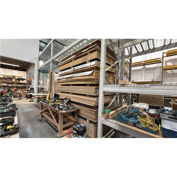 APPROX 9 STACKS OF ASSORTED PLYWOOD SHEETS, MOST FINISHED, ASSORTED COLORS & TYPES