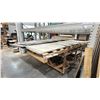 Image 1 : 2 LARGE WOODEN MOBILE SHOP TABLES WITH ASSORTED COUNTERTOP STONE MATERIAL & LAMINATE SHEETS