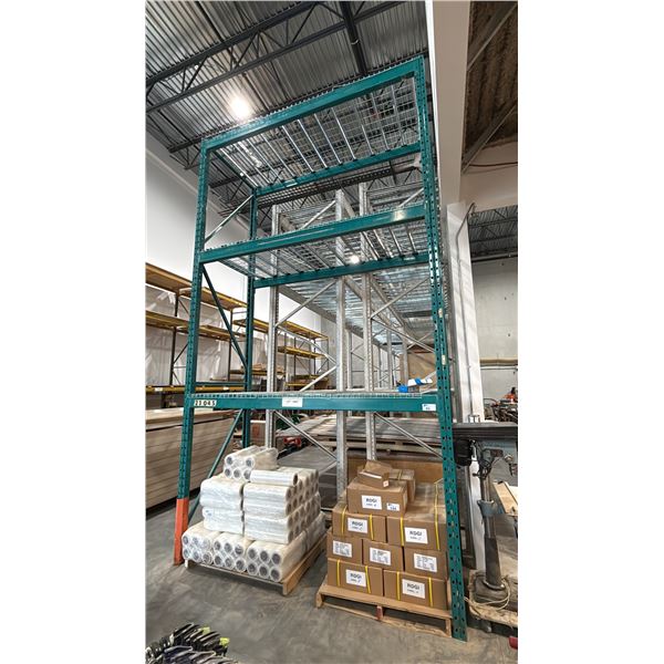 SINGLE BAY OF BLUE PALLET RACKING WITH MESH DECKING-(2) 16' UPRIGHTS AND APPROX (6) 8' 8" SIDE RAILS
