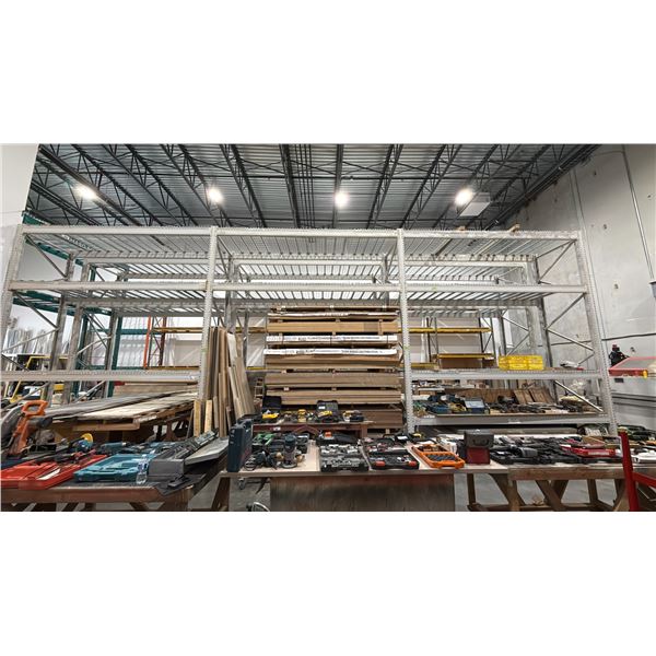 6 BAYS OF WHITE PALLET RACKING WITH MESH DECKING -(8) 15' UPRIGHTS AND APPROX (35) 12' SIDE RAILS
