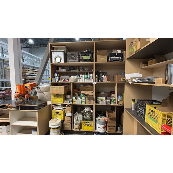 LARGE SHELVING UNIT AND CONTENTS- HARDWARE, PAINTS, ELECTRICAL COMPONENTS, PLUMBING COMPONENTS,