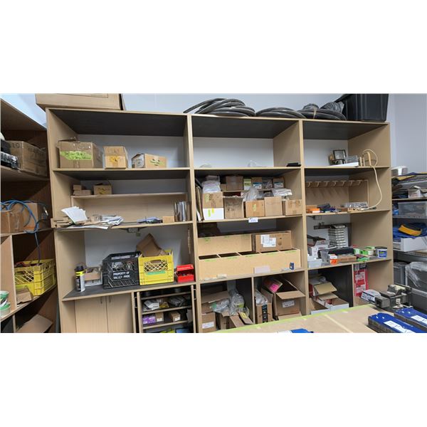 LARGE SHELVING UNIT AND CONTENTS- HARDWARE, SCREWS, STAPLES, RUBBER STRIPPING, NAILS, DRILL BITS