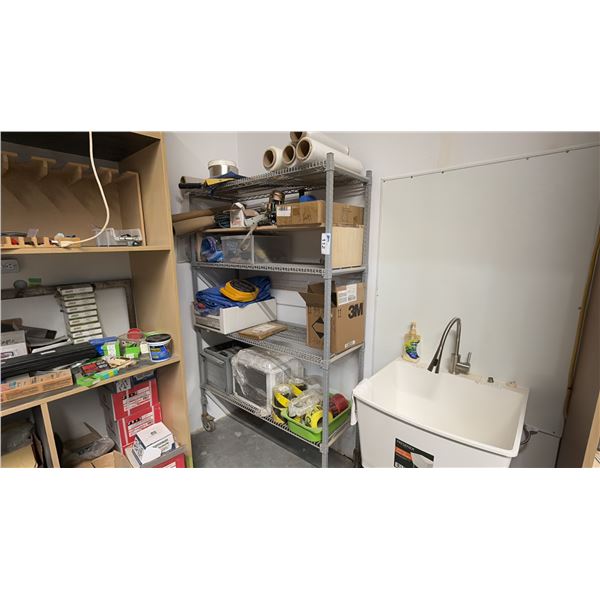 ADJUSTABLE MOBILE METAL RACK WITH ASSORTED CONTENTS- AIR CONDITIONER, TARPS, PARTS, STRETCH WRAP,