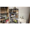 Image 1 : ADJUSTABLE MOBILE METAL RACK WITH ASSORTED CONTENTS- AIR CONDITIONER, TARPS, PARTS, STRETCH WRAP,