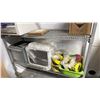 Image 2 : ADJUSTABLE MOBILE METAL RACK WITH ASSORTED CONTENTS- AIR CONDITIONER, TARPS, PARTS, STRETCH WRAP,
