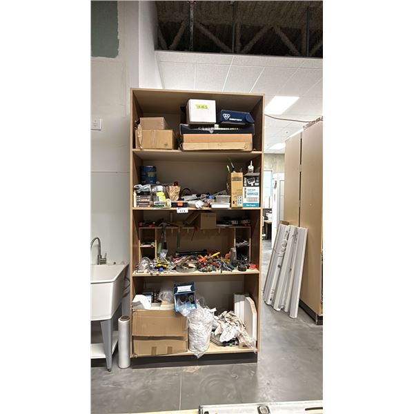 SHELVING UNIT WITH ASSORTED CONTENTS- TOOLS, CAULKING, SHOP RAGS, LIGHTING, TOUCH UP