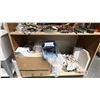 Image 4 : SHELVING UNIT WITH ASSORTED CONTENTS- TOOLS, CAULKING, SHOP RAGS, LIGHTING, TOUCH UP