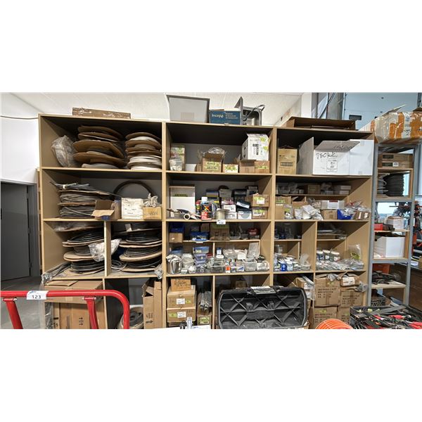 LARGE SHELVING UNIT AND CONTENTS- RUBBER STRIPPING, HARDWARE, SCREWS, STRETCH FILM, SINKS & MORE