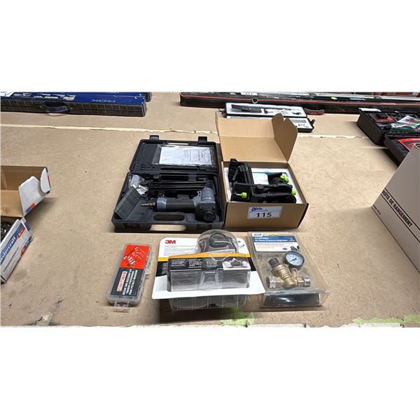 3M DUST MASK, GREASE GUN ACCESSORY KIT, RICHELIEU NAILER, HUEPAR LASER LEVEL BRACKET & CAMCO