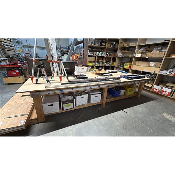 LARGE WOODEN SHOP TABLE WITH BENCH VISE *CONTENTS ON TOP NOT INCLUDED*