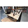 Image 2 : LARGE WOODEN SHOP TABLE WITH BENCH VISE *CONTENTS ON TOP NOT INCLUDED*
