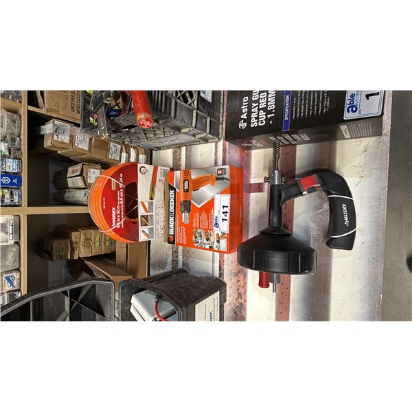 HUSKY PLUMBING SNAKE, BLACK & DECKER HEAT GUN & HUSKY 50' AIR HOSE