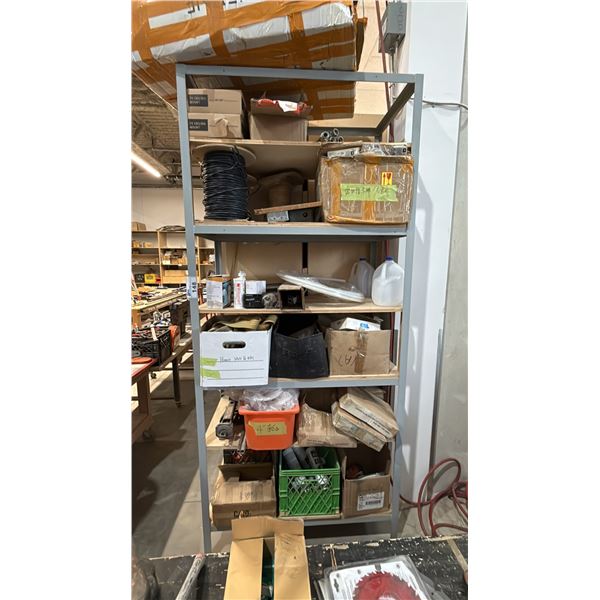 SHELVING UNIT WITH ASSORTED CONTENTS- WIRE, CASTORS, WALL BASE ADHESIVE, STRAPS, HARDWARE & MORE