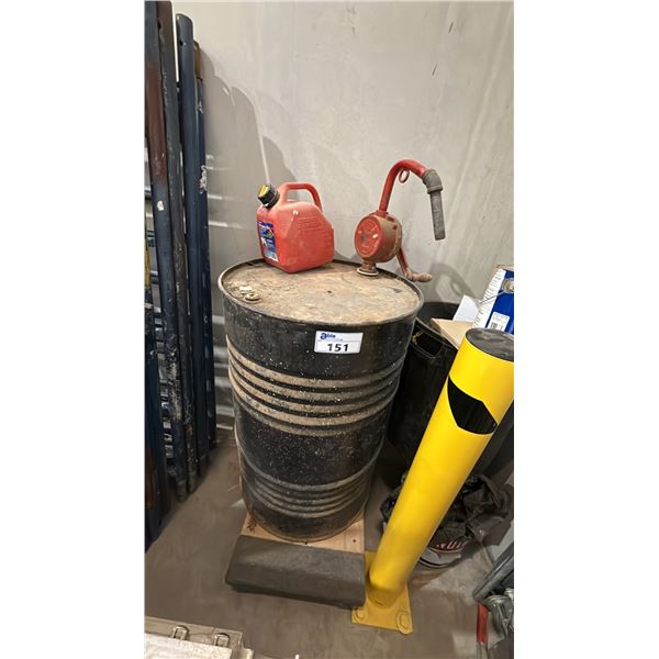 BARREL WITH MANUAL BARREL PUMP, JERRY CAN & 4 WHEEL DOLLY