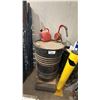 Image 1 : BARREL WITH MANUAL BARREL PUMP, JERRY CAN & 4 WHEEL DOLLY
