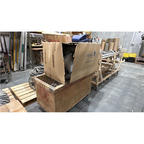 WOODEN MOBILE BIN WITH HVAC PARTS, TARPS & DUST COLLECTOR PARTS