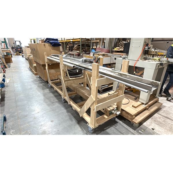 WOODEN MATERIAL CART WITH ASSORTED METAL PARTS & TUBE LIGHT BULBS