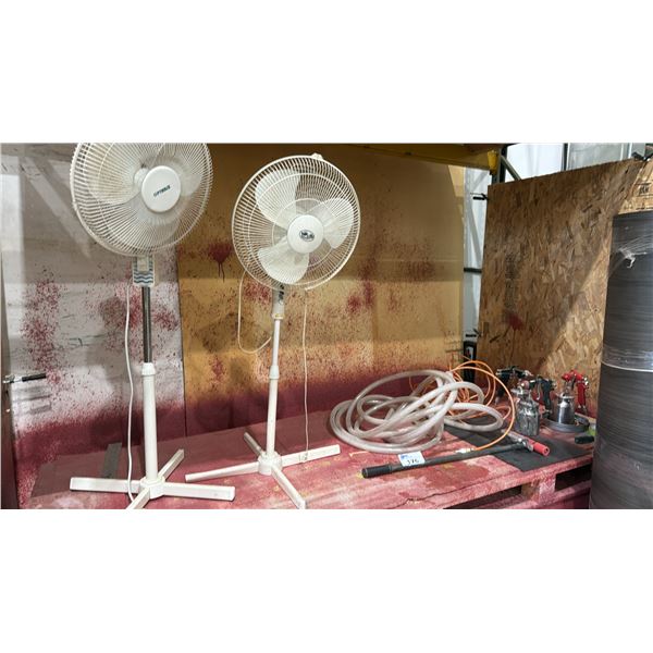 ASSORTED PAINT SPRAY GUNS, HOSES & (2) OSCILLATING FLOOR FANS