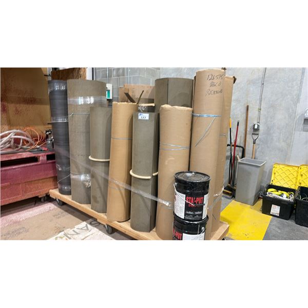 ROLLING WOOD PLATFORM WITH ASSORTED ROLLS OF MATERIAL & (2) 5 GALLON PAILS OF STA-PUT ADHESIVE