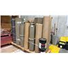 Image 1 : ROLLING WOOD PLATFORM WITH ASSORTED ROLLS OF MATERIAL & (2) 5 GALLON PAILS OF STA-PUT ADHESIVE