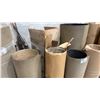 Image 2 : ROLLING WOOD PLATFORM WITH ASSORTED ROLLS OF MATERIAL & (2) 5 GALLON PAILS OF STA-PUT ADHESIVE