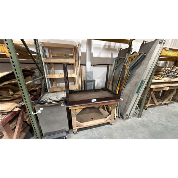 ASSORTED ITEMS INCLUDING; PORTABLE WOOD TABLE, SCAFFOLDING WALKWAYS & UPRIGHTS, IGLOO MINI FRIDGE &
