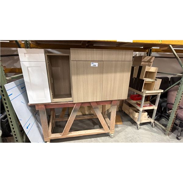 ASSORTED ITEMS INCLUDING; CABINETRY SECTION, PORTABLE WOOD TABLE, PORTABLE WOOD 3-TIER CART & MORE