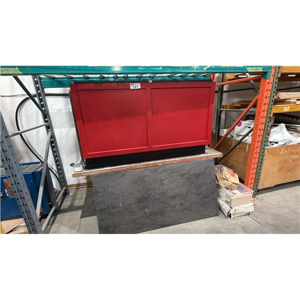 ASSORTED ITEMS INCLUDING; RED WOOD CABINETRY SECTION, BLACK COUNTERTOP PIECE & MORE