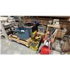 Image 1 : ASSORTED ITEMS INCLUDING; FUEL CANS, STEP LADDER, EXTENSION CORDS, PALLETS, WOOD 3-TIER PUSH CART