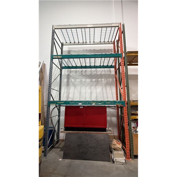 APPROX 12' SECTION OF PALLET RACKING INCLUDES; 2 UPRIGHTS, 6 CROSS BEAMS & 9 MESH PLATFORMS *BOLTED