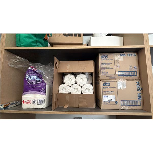 SHELF OF ASSORTED HAND TOWEL & TOILER PAPER; TORK, PUREX & MORE