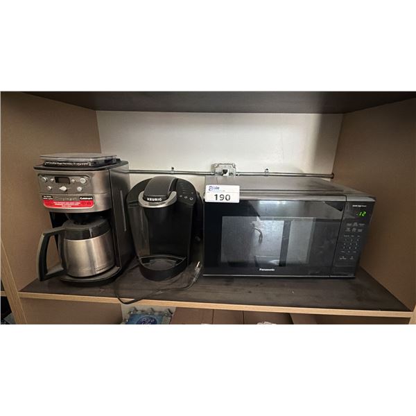 SHELF OF PANASONIC MICROWAVE, KEURIG POD COFFEE MAKER & CUISINART COFFEE MAKER