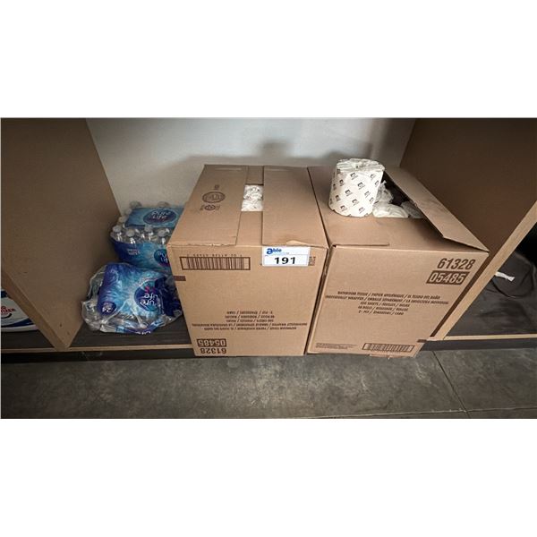 SHELF OF 2 BOXES OF METRO  INDIVIDUALLY WRAPPED BATHROOM TISSUE & PURE LIFE BOTTLED WATER