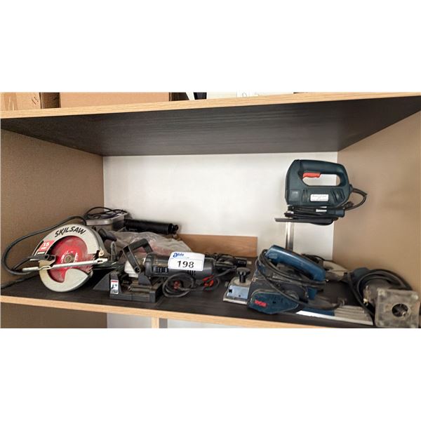 SHELF OF ASSORTED TOOLS INCLUDING; SKILSAW CIRCULAR SAW, RYOBO PLANER, JIGSAW & MORE