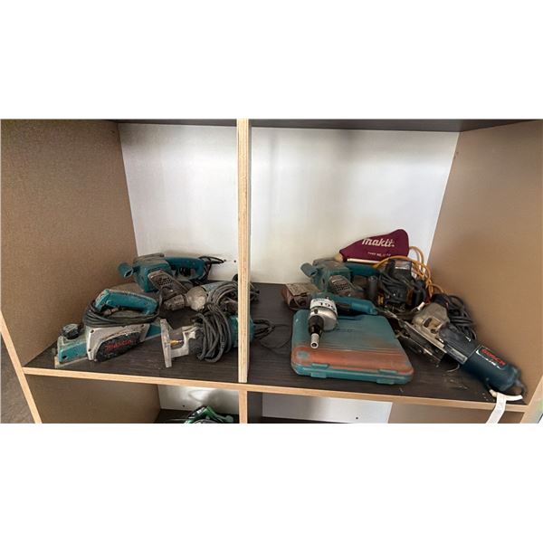 Router Belt SHELF OF ASSORTED TOOLS INCLUDING; MAKITA BELT SANDERS, MAKITA DRILL ...