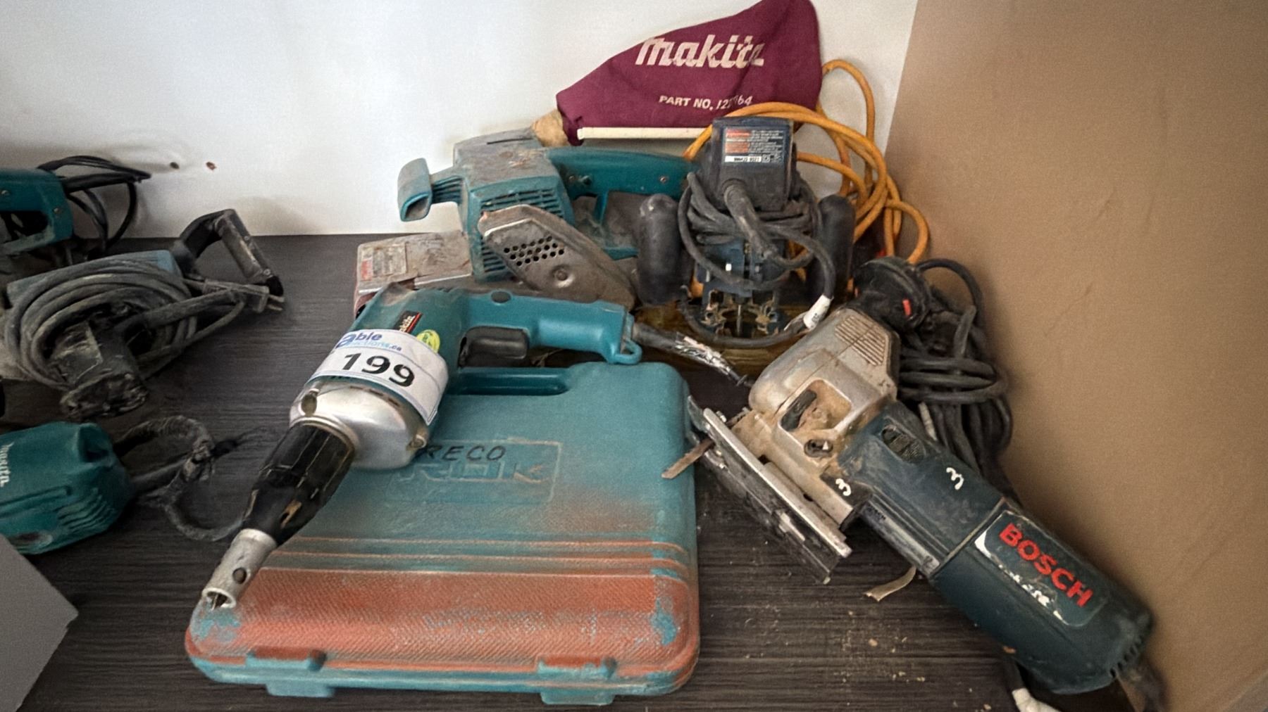 Router Belt SHELF OF ASSORTED TOOLS INCLUDING; MAKITA BELT SANDERS, MAKITA DRILL ...